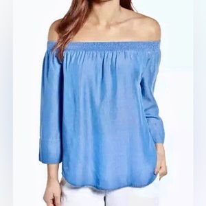 NIC+ZOE Womens Summer Scene Lyocell Chambray Top Medium Off the Shoulder blue
